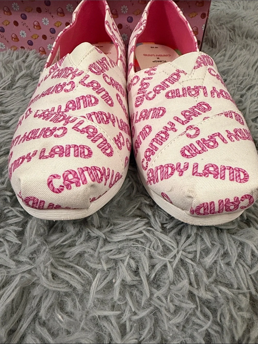Toms Women's White Canvas Slip-Ons with Pink Candy Land Print